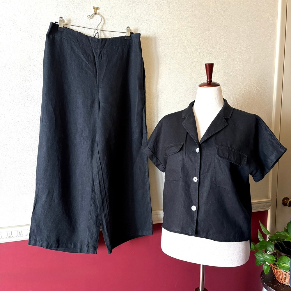 Tahari 100% Linen Set Black Button Down Top Wide Leg Cropped Pants L Minimalist